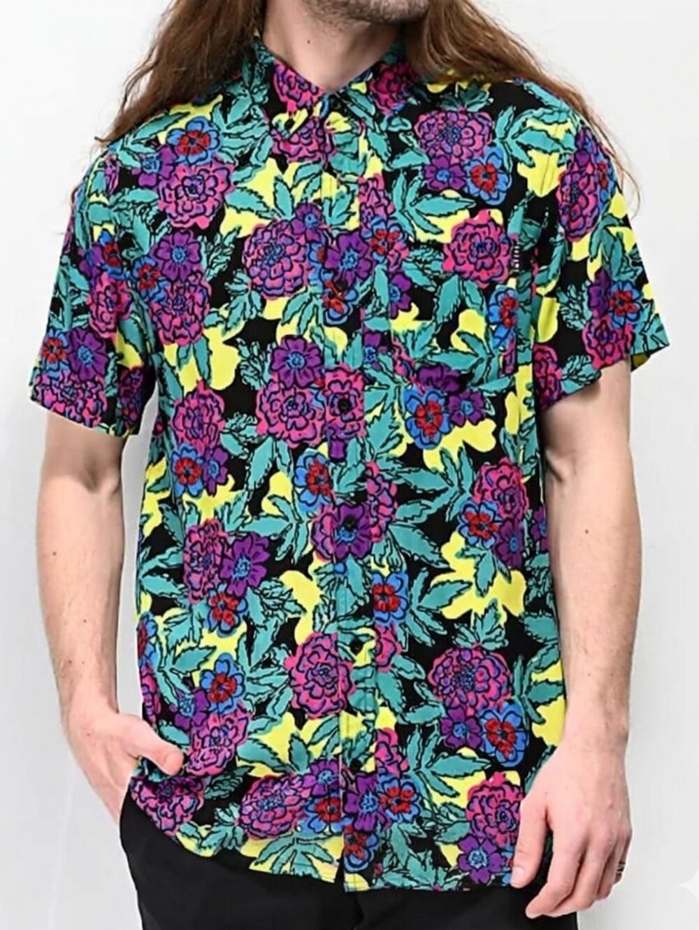 Empyre 100% Rayon Short-Sleeve Bright Floral Button-Down Shirt Men's Size M